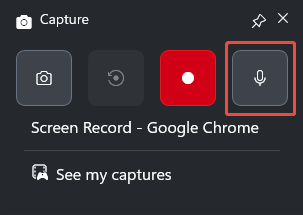 The Xbox Game Bar Capture interface with the Microphone recording option selected.