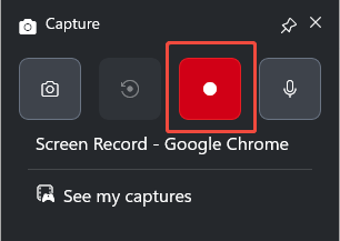 The Xbox Game Bar Capture interface with the Start recording icon selected.