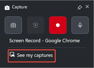 The Xbox Game Bar Capture interface with the See my captures option selected.
