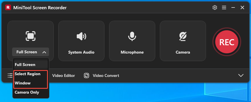 MiniTool Screen Recorder interface with the recording area selection expanded.