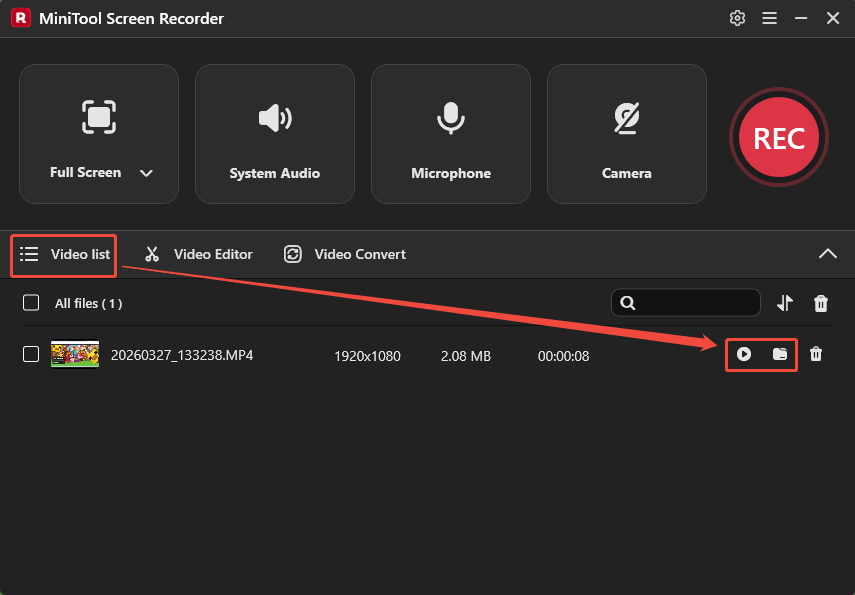MiniTool Screen Recorder interface showing how to play and locate the recorded gameplay under the Video list section.