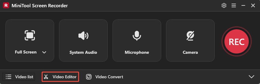 MiniTool Screen Recorder interface with the Video Editor option selected.