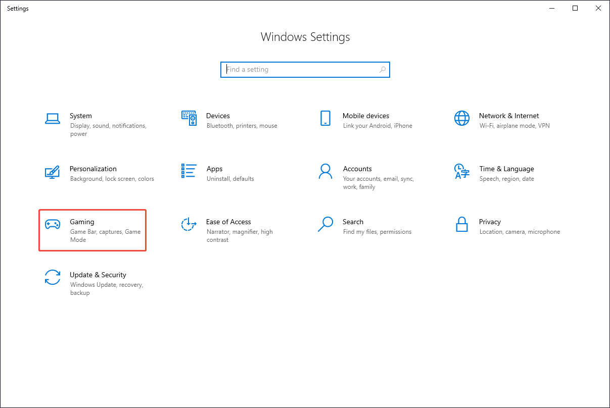 Windows Settings interface with the Gaming option selected.