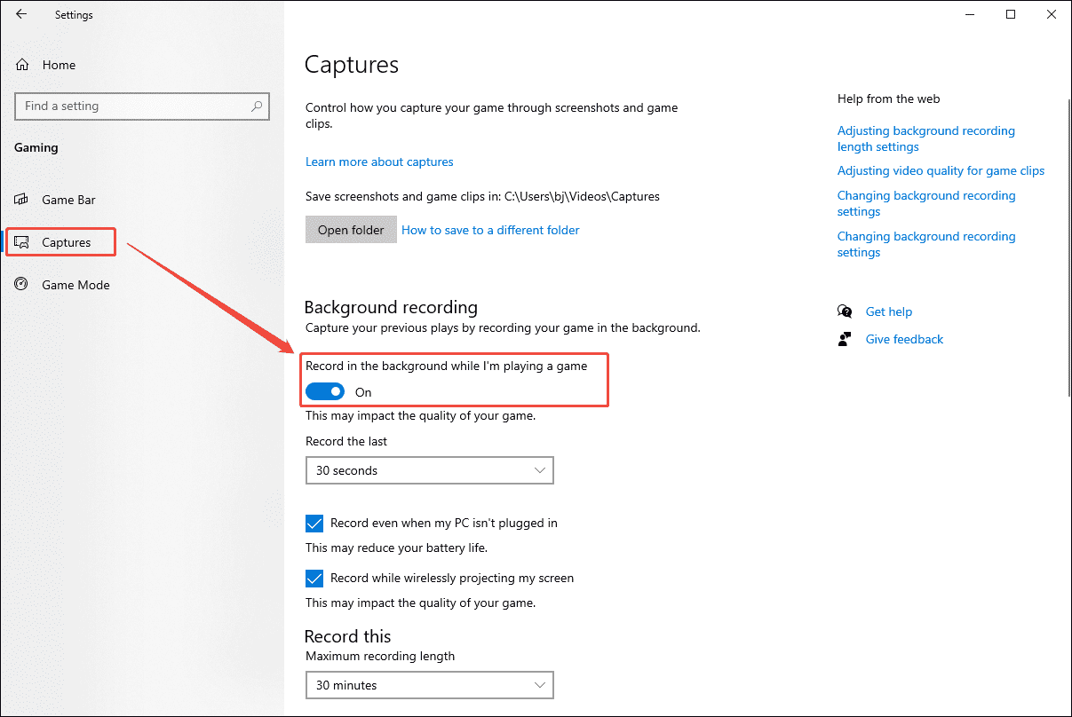 The Windows Gaming Settings interface showing how to enable the Record in the background while I am playing a game option.