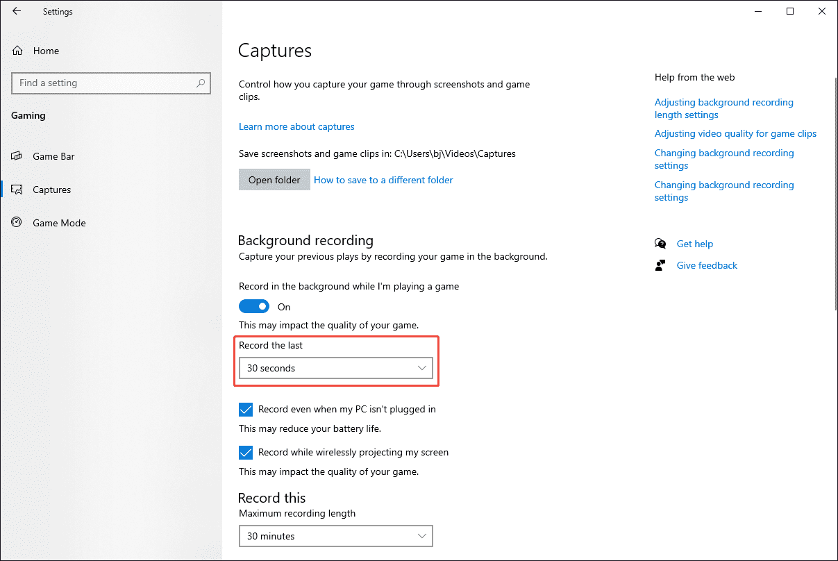 The Windows Gaming Settings interface with the Record the last option set to 30 seconds under the Captures section.