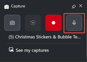 The Xbox Game Bar Capture interface with the microphone audio recording option selected.