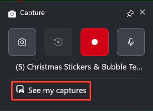 The Xbox Game Bar Capture interface with the See my captures option selected.