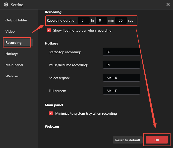 MiniTool Screen Recorder Settings interface showing how to configure the Recording settings to capture the last 30 seconds.