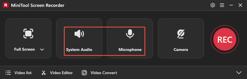 MiniTool Screen Recorder interface with the System Audio icon and Microphone icon selected.