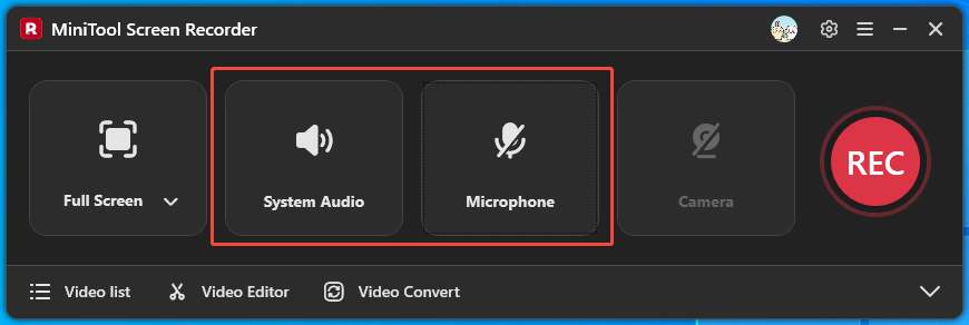 MiniTool Screen Recorder interface with the System Audio option and the Microphone option selected.