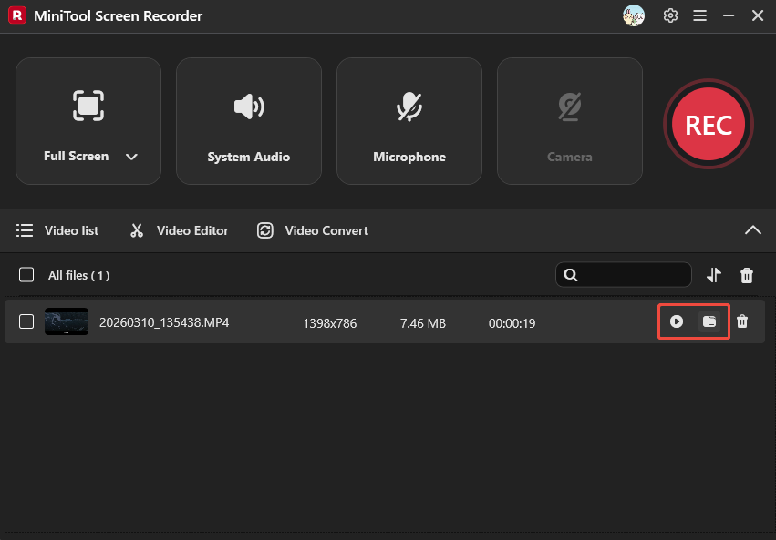 MiniTool Screen Recorder interface with the play icon and folder icon selected.