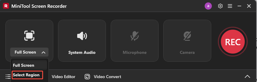 MiniTool Screen Recorder interface highlighting the Select Region option from the Full Screen option.