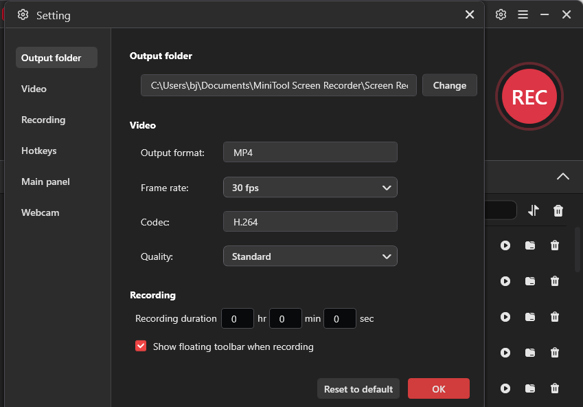 MiniTool Screen Recorder settings window with example settings for recording Snapchat videos.