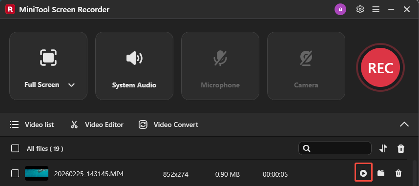 MiniTool Screen Recorder interface with the selected Play icon.
