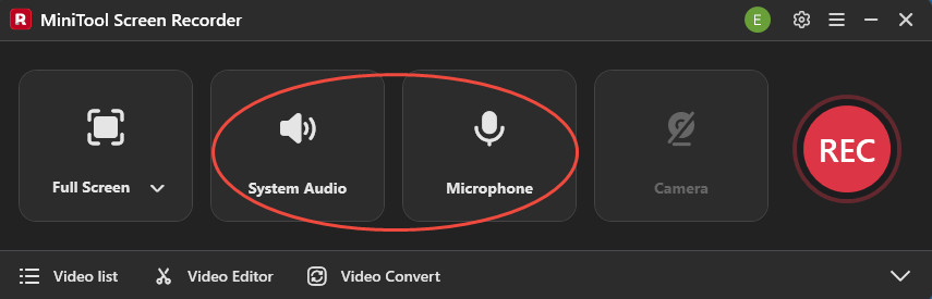 MiniTool Screen Recorder interface with the System Audio icon and Microphone icon selected.
