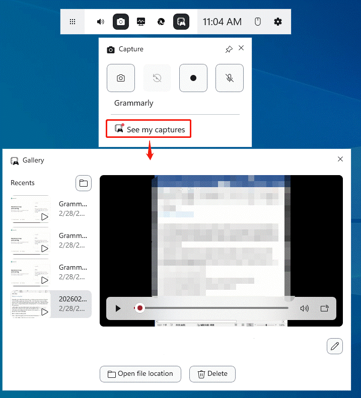 Game Bar interface showing how to watch your recorded videos.