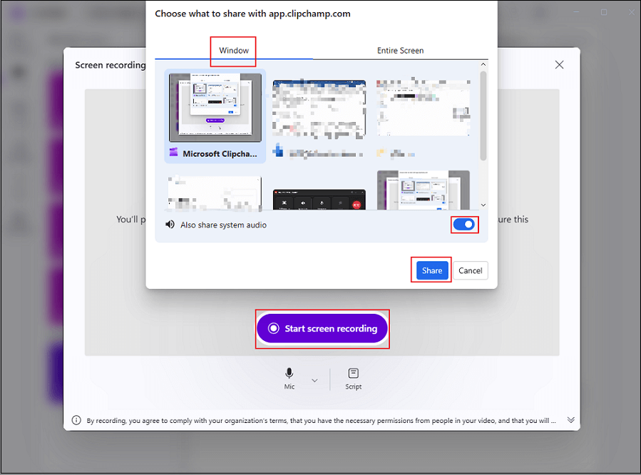 Microsoft Clipchamp interface showing how to start recording Valorant gameplay.