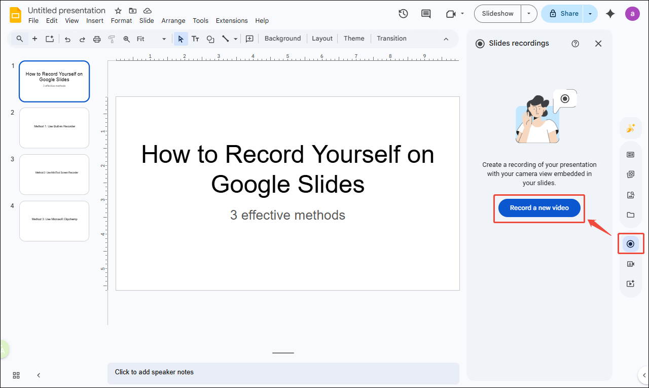 Google Slides interface showing how to start recording a new video.
