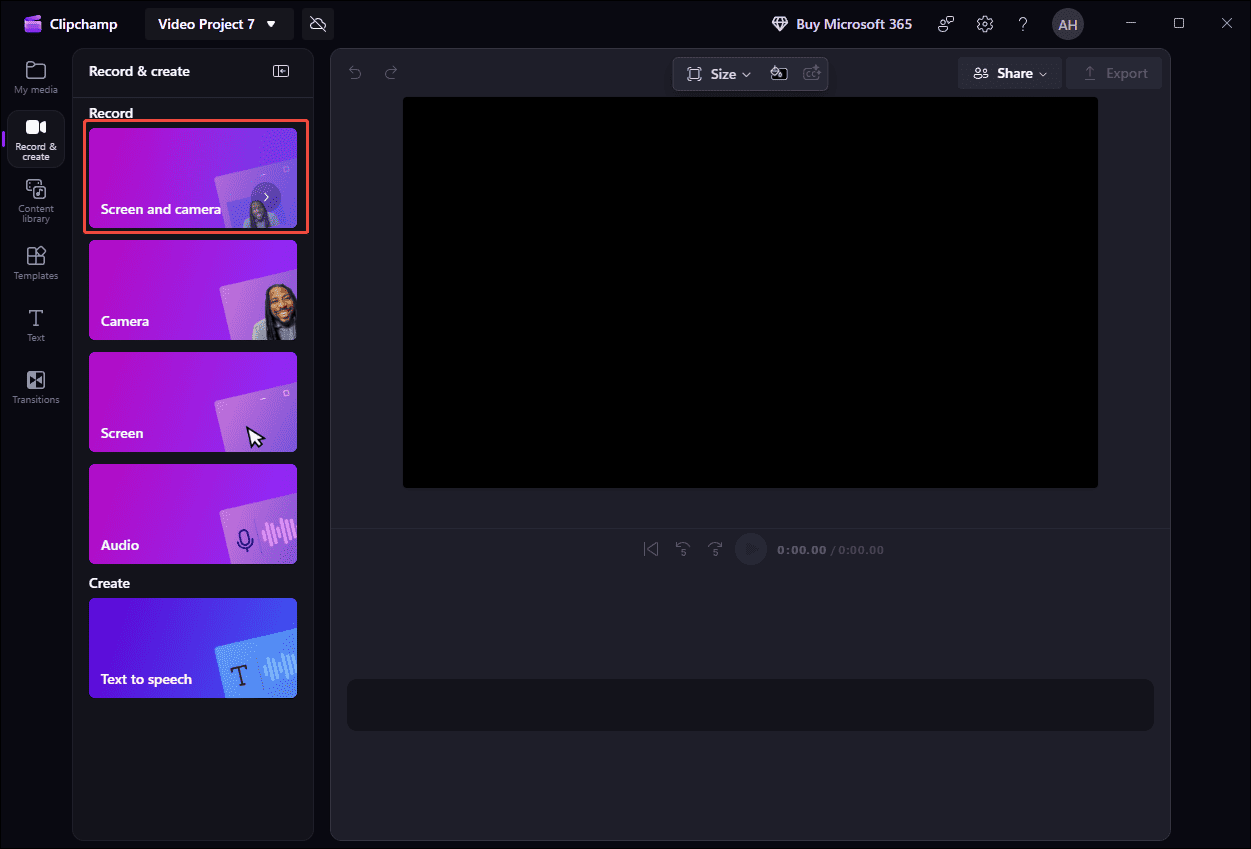 Microsoft Clipchamp interface with the selected Screen and camera option.