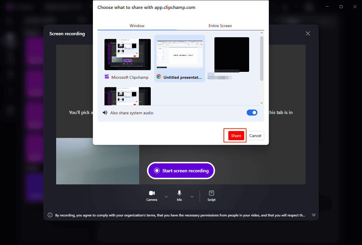 Microsoft Clipchamp interface highlighting the Share option for screen recording.