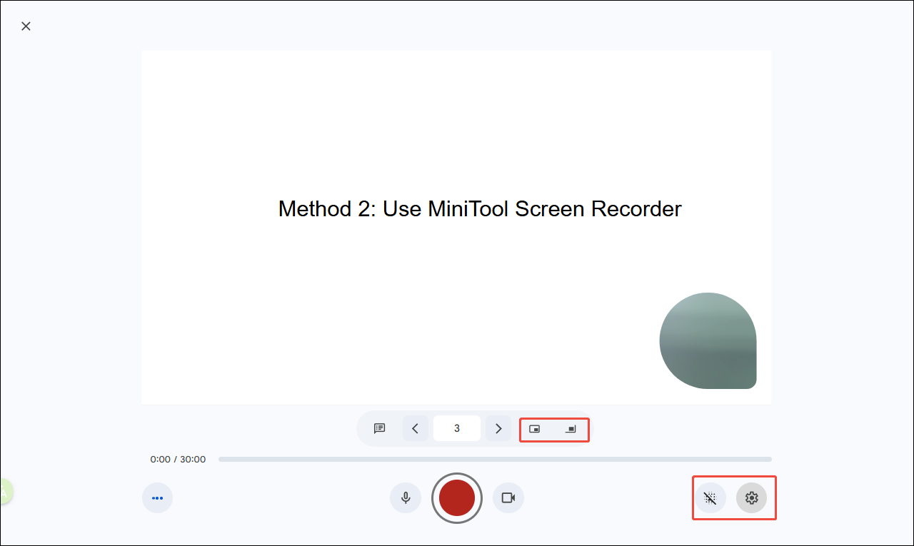 Google Slides interface showing highlighted options for adjusting camera footage.