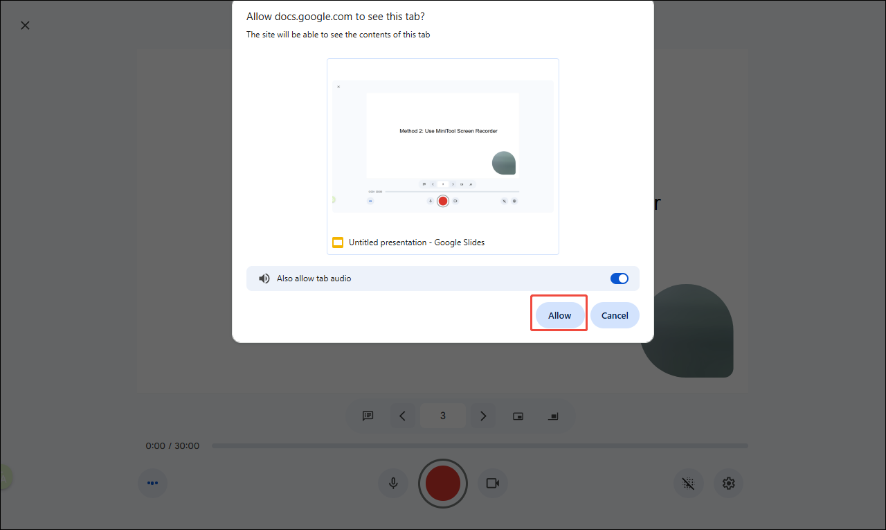 Google Slides permission pop-up with the highlighted Allow option.