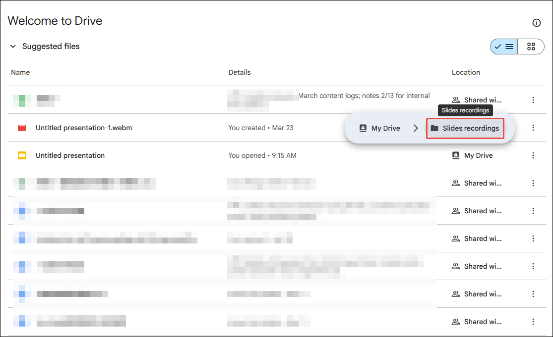 Google Drive interface showing the selected Slides recordings folder.