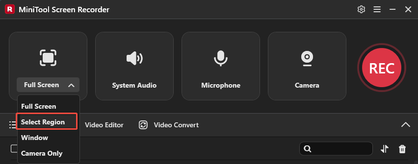 MiniTool Screen Recorder interface highlighting the Select Region option.
