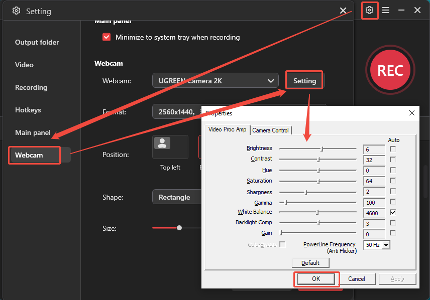 MiniTool Screen Recorder settings window showing how to adjust the camera properties.