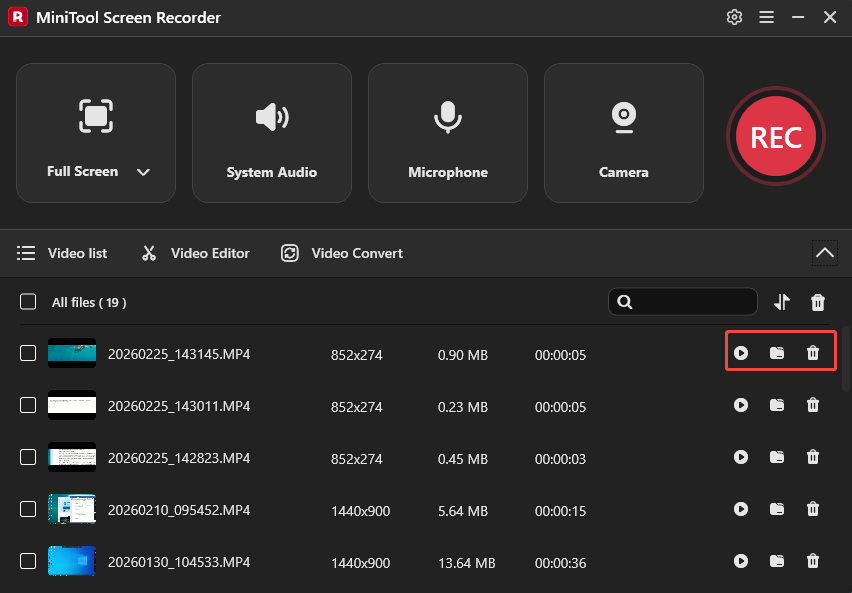 MiniTool Screen Recorder interface with the selected Play, Folder, and Delete icons.
