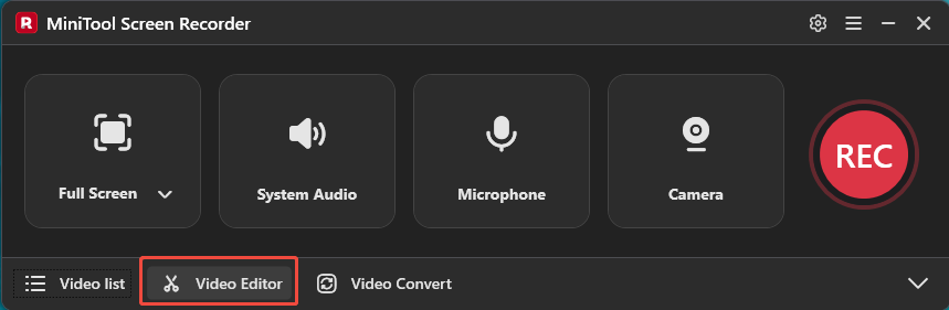 The selected Video Editor option in the MiniTool Screen Recorder interface.