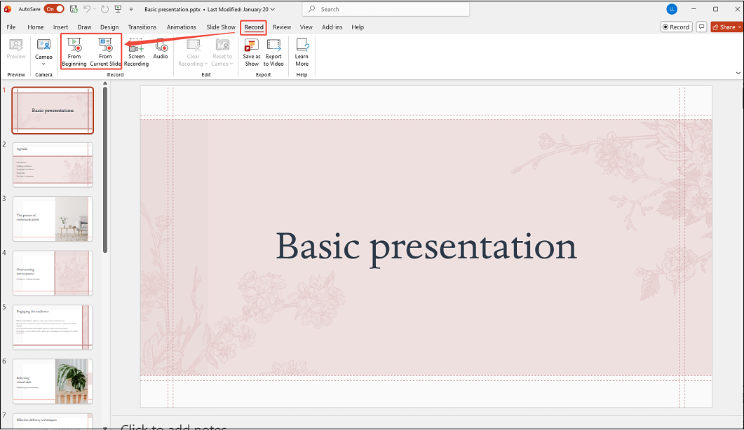 PowerPoint interface showing how to enter the recorder.