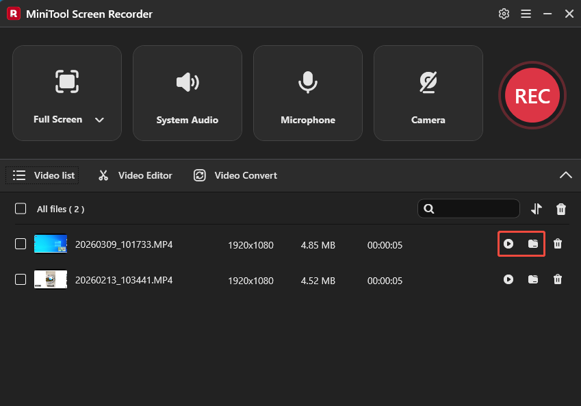 MiniTool Screen Recorder interface with the Play icon and Folder icon selected under Video list.