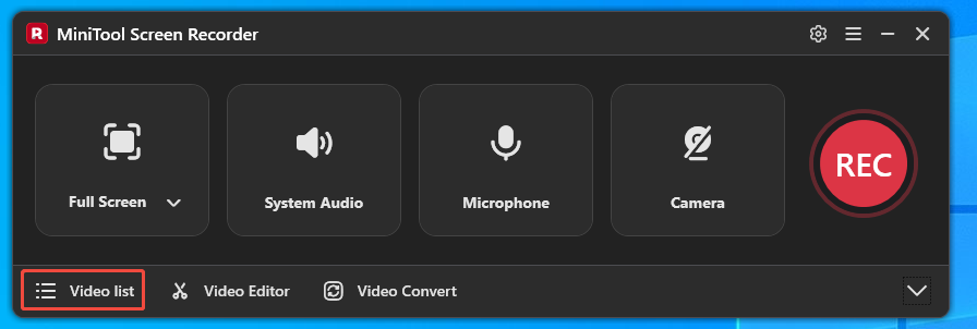 MiniTool Screen Recorder interface with the Video Editor option selected.