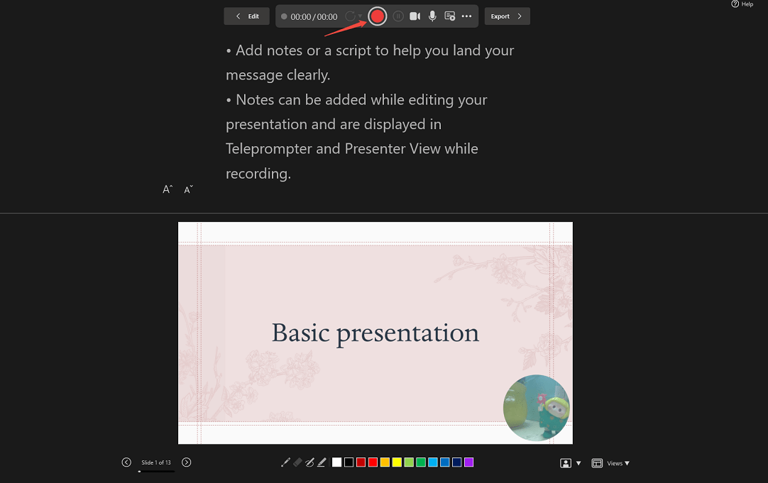 PowerPoint playback interface with the Start recording button pointed out.