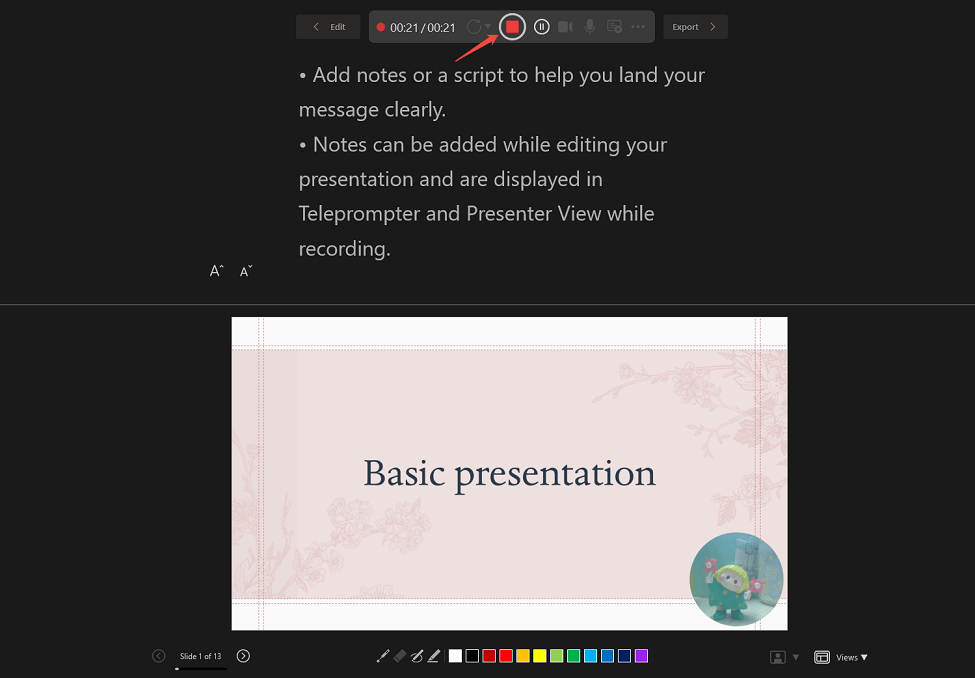 PowerPoint playback interface with the Stop recording icon pointed out.