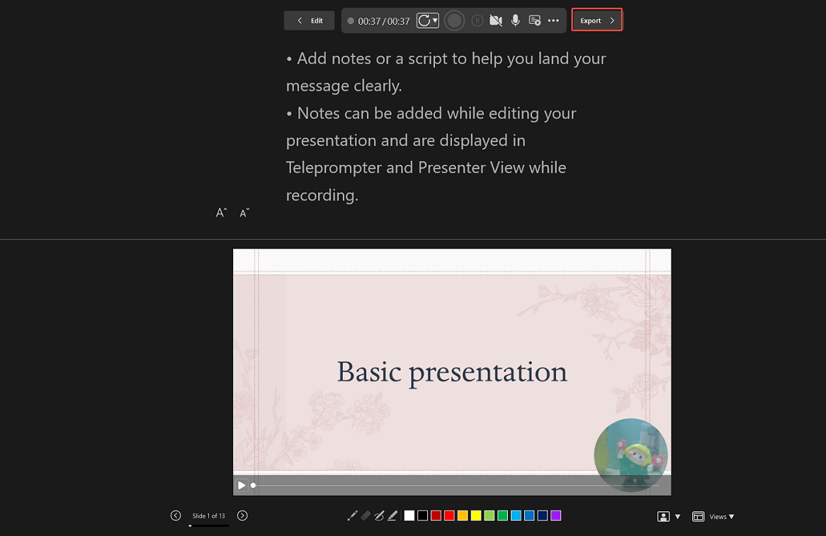 PowerPoint playback interface with the Export option selected.