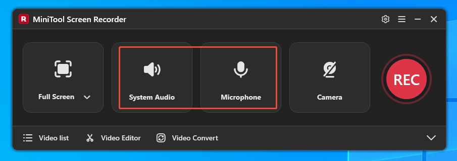 MiniTool Screen Recorder interface with the System Audio and Microphone icons selected.
