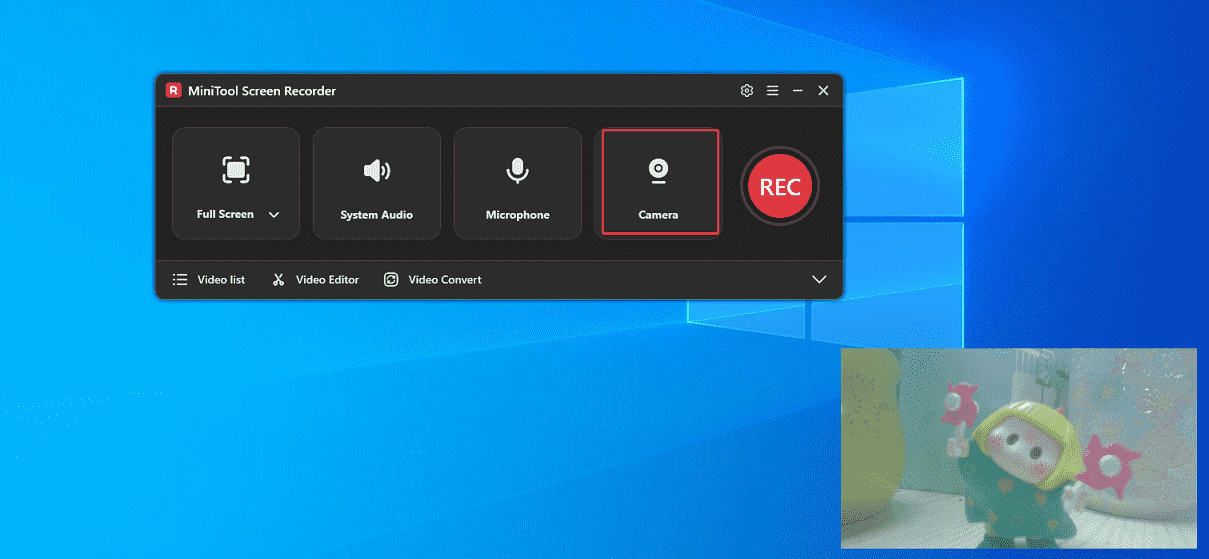 MiniTool Screen Recorder interface with Camera enabled.