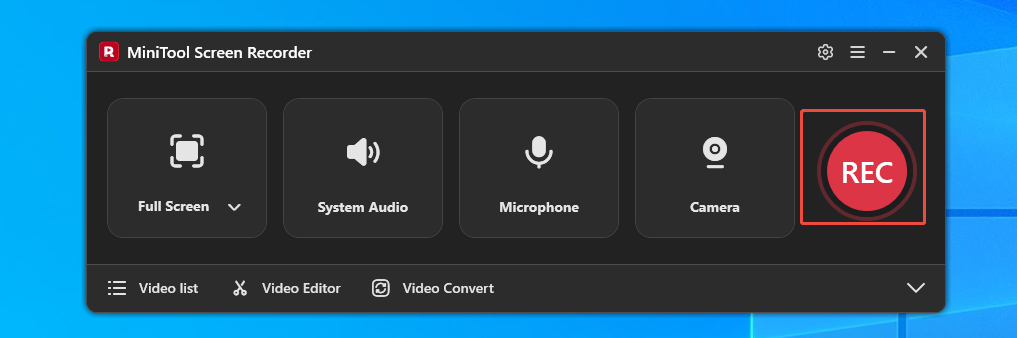 MiniTool Screen Recorder interface with the REC button selected.