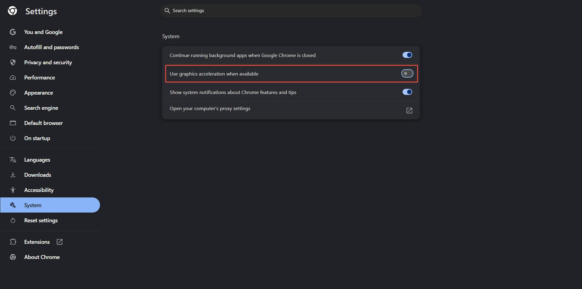 Chrome Settings interface with the System tab highlighted and the Use graphics acceleration when available option disabled.