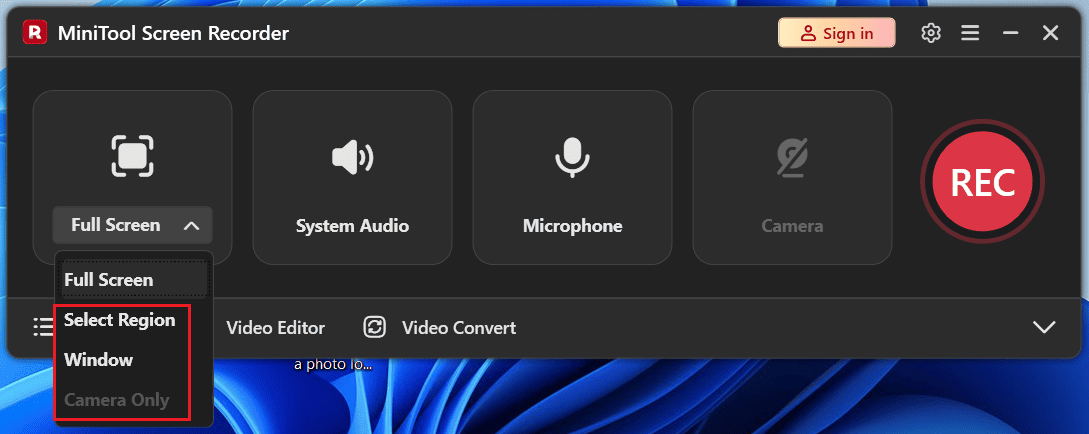 MiniTool Screen Recorder interface with highlighted Select Region, Window, and Camera Only options from the Full Screen dropdown.