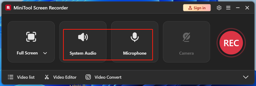 MiniTool Screen Recorder interface with selected System Audio and Microphone options.