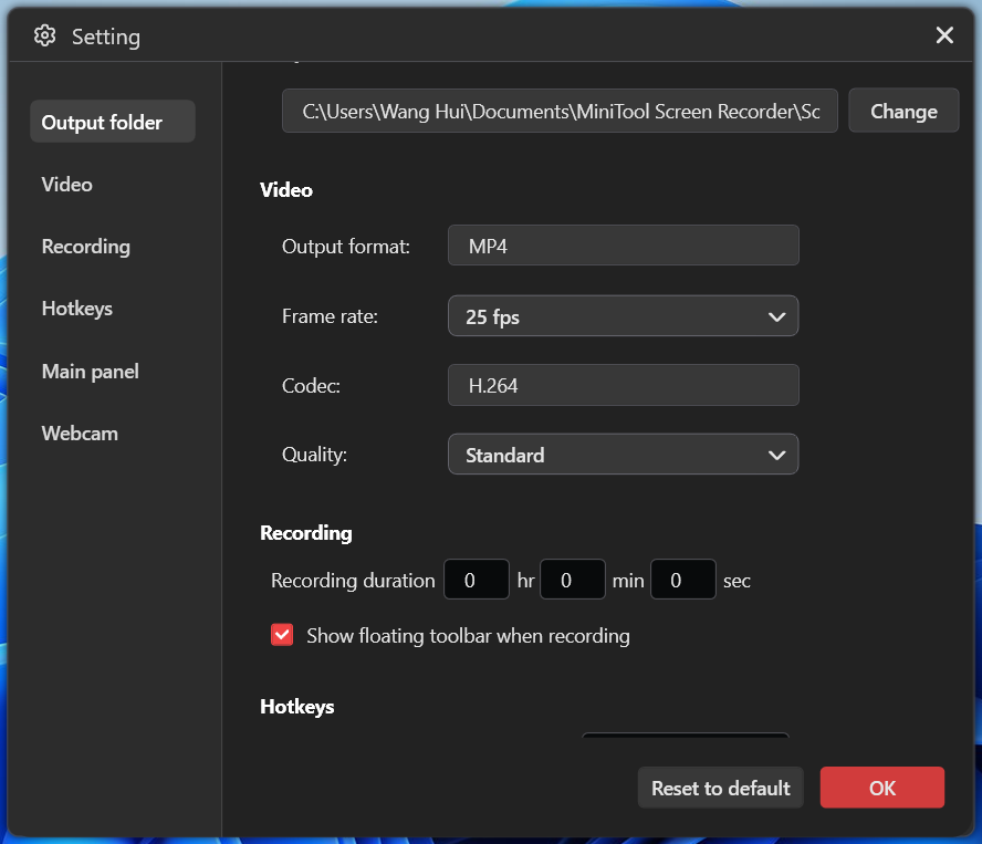 The settings window of MiniTool Screen Recorder.