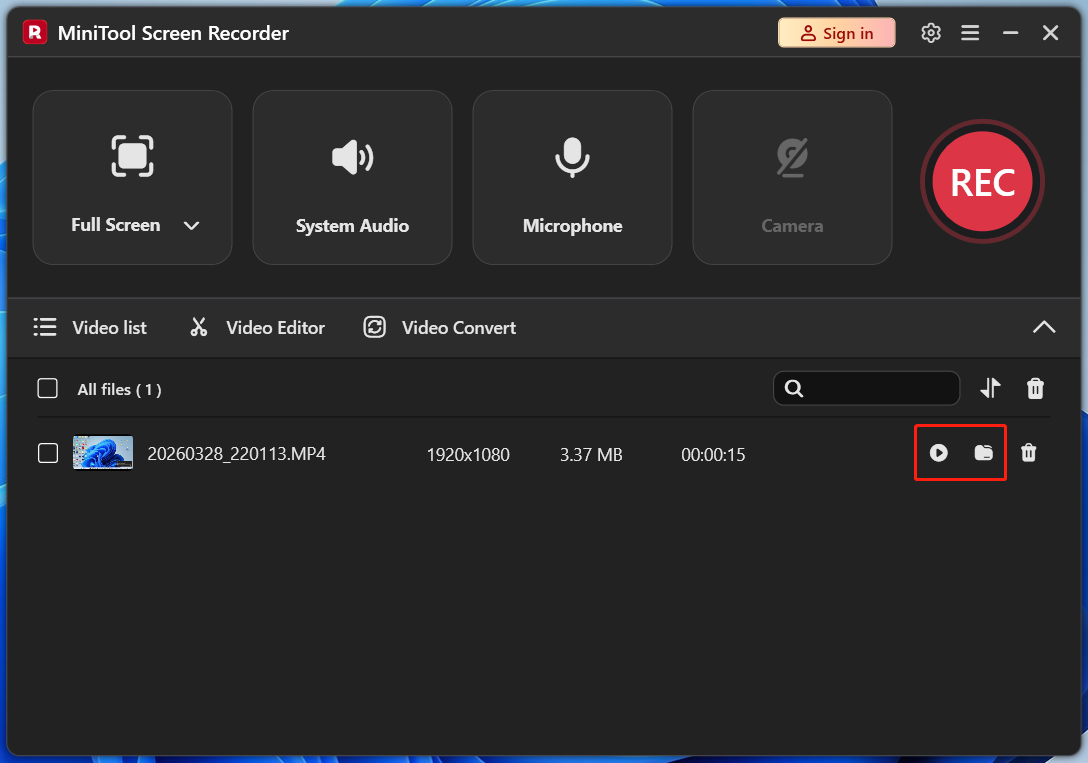 MiniTool Screen Recorder video list section with highlighted play and folder icons.