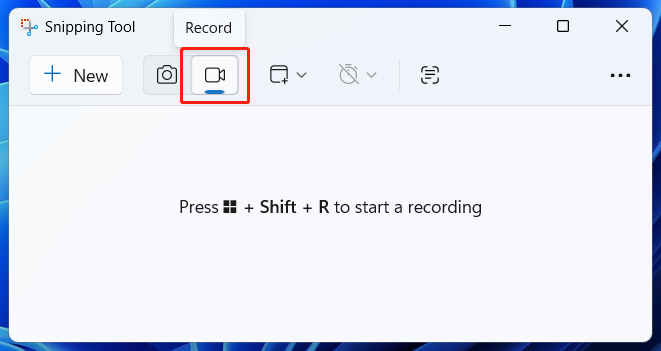 Windows 11 Snipping Tool interface with the selected Record icon.