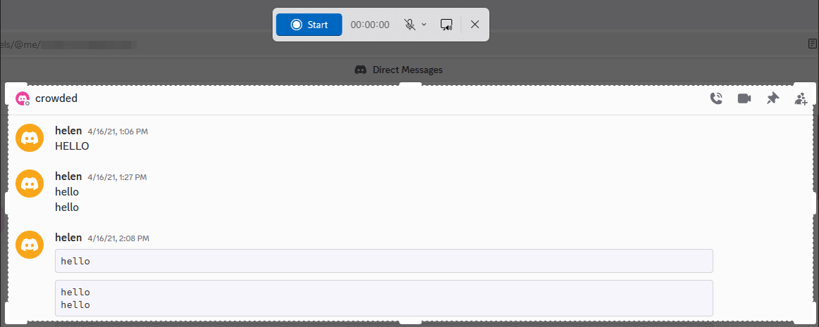 Windows 11 Snipping Tool widget on the top of the screen and a selected recording area on Discord.