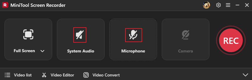 MiniTool Screen Recorder interface showing how to turn off the microphone and system audio.