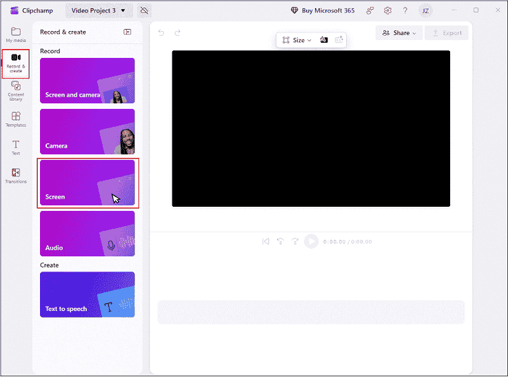 Microsoft Clipchamp interface with the Record & create option and the Screen option selected.