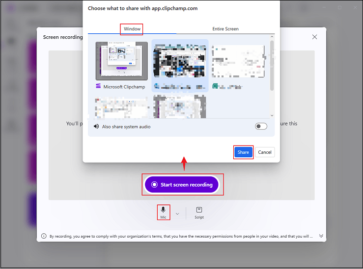 Microsoft Clipchamp interface showing how to adjust audio settings and choose a recording window to start recording.